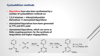 Cycloaddition methods
• Bipyridines have also been synthesized by a
number of cycloaddition methods ex:
• 1,2,4-triazines + tributyl(ethynyl)tin
Derivatives  stannylated bipyridines
• stannylated bipyridines have been generated
in 77% and 83% yield
• stannylated bipyridines, which can serve as
Stille coupling partners for the synthesis of
terpyridines and higher oligopyridines,
 