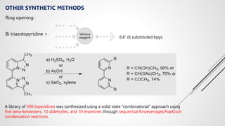 OTHER SYNTHETIC METHODS
Ring opening:
Bi triazolopyridine + Various
reagent
A; sulfuric acid
B:acetic acid
C: selenium
dioxide,
6,6’ di substituted bpys
A library of 500 bipyridines was synthesized using a solid state ‘‘combinatorial’’ approach using
five beta-ketoesters, 10 aldehydes, and 10 enamines through sequential Knoevenagel/Hantzsch
condensation reactions.
 