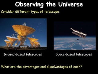 Observing the Universe
Consider different types of telescope:
Ground-based telescopes Space-based telescopes
What are the advantages and disadvantages of each?
 