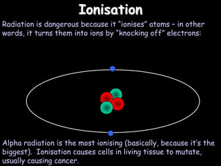 Ionisation
Radiation is dangerous because it “ionises” atoms – in other
words, it turns them into ions by “knocking off” electrons:
Alpha radiation is the most ionising (basically, because it’s the
biggest). Ionisation causes cells in living tissue to mutate,
usually causing cancer.
 