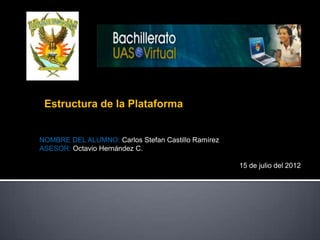 Estructura de la Plataforma


NOMBRE DEL ALUMNO: Carlos Stefan Castillo Ramírez
ASESOR: Octavio Hernández C.

                                                    15 de julio del 2012
 