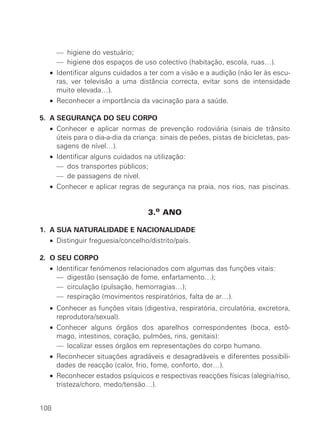 • — higiene do vestuário;
  • — higiene dos espaços de uso colectivo (habitação, escola, ruas…).
  • Identificar alguns cuidados a ter com a visão e a audição (não ler às escu-
    ras, ver televisão a uma distância correcta, evitar sons de intensidade
    muito elevada…).
  • Reconhecer a importância da vacinação para a saúde.

5. A SEGURANÇA DO SEU CORPO
  • Conhecer e aplicar normas de prevenção rodoviária (sinais de trânsito
    úteis para o dia-a-dia da criança: sinais de peões, pistas de bicicletas, pas-
    sagens de nível…).
  • Identificar alguns cuidados na utilização:
  • — dos transportes públicos;
  • — de passagens de nível.
  • Conhecer e aplicar regras de segurança na praia, nos rios, nas piscinas.


                                  3.o ANO

1. A SUA NATURALIDADE E NACIONALIDADE
  • Distinguir freguesia/concelho/distrito/país.

2. O SEU CORPO
  •   Identificar fenómenos relacionados com algumas das funções vitais:
  •   — digestão (sensação de fome, enfartamento…);
  •   — circulação (pulsação, hemorragias…);
  •   — respiração (movimentos respiratórios, falta de ar…).
  • Conhecer as funções vitais (digestiva, respiratória, circulatória, excretora,
    reprodutora/sexual).
  • Conhecer alguns órgãos dos aparelhos correspondentes (boca, estô-
    mago, intestinos, coração, pulmões, rins, genitais):
  • — localizar esses órgãos em representações do corpo humano.
  • Reconhecer situações agradáveis e desagradáveis e diferentes possibili-
    dades de reacção (calor, frio, fome, conforto, dor…).
  • Reconhecer estados psíquicos e respectivas reacções físicas (alegria/riso,
    tristeza/choro, medo/tensão…).


108
 