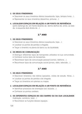 3. OS SEUS ITINERÁRIOS
   • Descrever os seus itinerários diários (casa/escola, lojas, tempos livres…).
   • Representar os seus itinerários (desenhos, pinturas…).

4. LOCALIZAR ESPAÇOS EM RELAÇÃO A UM PONTO DE REFERÊNCIA
   (perto de/longe de; em frente de/atrás de; dentro de/fora de; entre; ao lado
   de; à esquerda de/à direita de…)


                                   2.o ANO

1. OS SEUS ITINERÁRIOS
   • Descrever os seus itinerários diários (casa/escola, lojas…).
   • Localizar os pontos de partida e chegada.
   • Traçar o itinerário na planta do bairro ou da localidade.

2. OS MEIOS DE COMUNICAÇÃO
   • Distinguir diferentes tipos de transportes utilizados na sua comunidade.
   • Conhecer outros tipos de transportes.
   • Reconhecer tipos de comunicação pessoal (correio, telefone…).
   • Reconhecer tipos de comunicação social (jornais, rádio, televisão…).


                                   3.o ANO

1. OS SEUS ITINERÁRIOS
   • Descrever itinerários não diários (passeios, visitas de estudo, férias…).
   • Localizar os pontos de partida e de chegada.
   • Traçar os itinerários em plantas ou mapas.

2. LOCALIZAR ESPAÇOS EM RELAÇÃO A UM PONTO DE REFERÊNCIA
   • Identificar processos de orientação (sol, bússola…).
   • Conhecer os pontos cardeais.

3. OS DIFERENTES ESPAÇOS DO SEU BAIRRO OU DA SUA LOCALIDADE
   (habitação, comércio, lazer…)
   • Reconhecer as funções desses espaços.

120
 