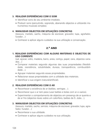 3. REALIZAR EXPERIÊNCIAS COM O SOM
   • Identificar sons do seu ambiente imediato.
   • Produzir sons (percutindo, soprando, abanando objectos e utilizando ins-
     trumentos musicais simples).

4. MANUSEAR OBJECTOS EM SITUAÇÕES CONCRETAS
   (tesoura, martelo, sacho, máquina de escrever, gravador, lupa, agrafador,
   furador…)
   • Conhecer e aplicar alguns cuidados na sua utilização e conservação.


                                     2.o ANO

1. REALIZAR EXPERIÊNCIAS COM ALGUNS MATERIAIS E OBJECTOS DE
   USO CORRENTE
   (sal, açúcar, vidro, madeira, barro, areia, cortiça, papel, cera, objectos varia-
   dos…)
   • Comparar materiais segundo algumas das suas propriedades (flexibili-
     dade, resistência, solubilidade, dureza, transparência, combustibili-
     dade…).
   • Agrupar materiais segundo essas propriedades.
   • Relacionar essas propriedades com a utilidade dos materiais.
   • Identificar a sua origem (natural/artificial).

2. REALIZAR EXPERIÊNCIAS COM O AR
   • Reconhecer a existência do ar (balões, seringas…).
   • Reconhecer que o ar tem peso (usar balões e bolas com ar e vazios).
   • Experimentar o comportamento de objectos em presença de ar quente e
     de ar frio (objectos leves sobre um calorífero, balões de S. João…).

3. MANUSEAR OBJECTOS EM SITUAÇÕES CONCRETAS
   (tesoura, martelo, sacho, serrote, máquina de escrever, gravador, lupa, agra-
   fador, furador…)
   • Reconhecer a sua utilidade.
   • Conhecer e aplicar alguns cuidados na sua utilização.




124
 