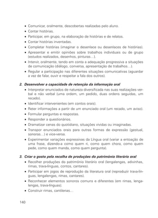 • Comunicar, oralmente, descobertas realizadas pelo aluno.
   • Contar histórias.
   • Participar, em grupo, na elaboração de histórias e de relatos.
   • Contar histórias inventadas.
   • Completar histórias (imaginar o desenlace ou desenlaces de histórias).
   • Apresentar e emitir opiniões sobre trabalhos individuais ou de grupo
     (estudos realizados, desenhos, pinturas…).
   • Intervir, oralmente, tendo em conta a adequação progressiva a situações
     de comunicação (diálogo, conversa, apresentação de trabalhos…).
   • Regular a participação nas diferentes situações comunicativas (aguardar
     a vez de falar, ouvir e respeitar a fala dos outros).

2. Desenvolver a capacidade de retenção da informação oral
   • Interpretar enunciados de natureza diversificada nas suas realizações ver-
     bal e não verbal (uma ordem, um pedido, duas ordens seguidas, um
     recado).
   • Identificar intervenientes (em contos orais).
   • Reter informações a partir de um enunciado oral (um recado, um aviso).
   • Formular perguntas e respostas.
   • Responder a questionários.
   • Dramatizar cenas do quotidiano, situações vividas ou imaginadas.
   • Transpor enunciados orais para outras formas de expressão (gestual,
     sonoras…) e vice-versa.
   • Experimentar variações expressivas da Língua oral (variar a entoação de
     uma frase, dizendo-a como quem ri, como quem chora, como quem
     pede, como quem manda, como quem pergunta).

3. Criar o gosto pela recolha de produções do património literário oral
   • Recolher produções do património literário oral (lengalengas, adivinhas,
     rimas, trava-línguas, contos, cantares).
   • Participar em jogos de reprodução da literatura oral (reproduzir trava-lín-
     guas, lengalengas, rimas, cantares).
   • Reconhecer elementos sonoros comuns e diferentes (em rimas, lenga-
     lengas, trava-línguas).
   • Construir rimas, cantilenas…


140
 