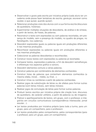 • Desenvolver o gosto pela escrita por iniciativa própria (cada aluno ter um
    caderno onde possa fazer tentativas de escrita, garatujar, escrever como
    souber, o que quiser, quando quiser).
  • Relacionar produções orais dos alunos com a sua forma escrita (discursos
    do quotidiano, histórias).
  • Experimentar múltiplas situações de descoberta, de análise e de síntese,
    a partir de textos, de frases, de palavras.
  • Reconstruir o texto com expressões ou com palavras recortadas, em pre-
    sença do modelo, sem a presença do modelo, no quadro de pregas, no
    flanelógrafo, nos cadernos.
  • Descobrir expressões iguais ou palavras iguais em produções diferentes
    e nas mesmas produções.
  • Reconhecer expressões ou palavras iguais em produções diferentes e
    nas mesmas produções.
  • Coleccionar as palavras descobertas e reconhecidas.
  • Construir novos textos com expressões ou palavras já recortadas.
  • Comparar textos, expressões e palavras, a fim de descobrir semelhanças
    e diferenças nos aspectos gráfico e sonoro.
  • Descobrir elementos comuns a várias palavras.
  • Construir palavras por combinatória de elementos conhecidos.
  • Construir listas de palavras que contenham elementos conhecidos (a
    mesma sílaba, inicial… média, ou final…).
  • Construir rimas ou cantilenas a partir de palavras conhecidas.
  • Realizar jogos de substituição de letras ou de sílabas para formar outras
    palavras (com letras móveis, sem letras móveis).
  • Realizar jogos de comutação de letras para formar outras palavras.
  • Produzir textos escritos por iniciativa própria (de criação livre, discursos
    do quotidiano, de carácter utilitário, a partir de palavras ou de imagens).
  • Praticar o aperfeiçoamento de textos, em grupo, com o professor, e inte-
    grá-los em circuitos comunicativos (correspondência interescolar, jornal
    escolar…).
  • Ler textos produzidos por iniciativa própria (para toda a turma, para um
    grupo, para um companheiro, para o professor).
  • Ler textos produzidos pelos companheiros, pelos correspondentes (para
    o professor, para um grupo, para um companheiro).


148
 