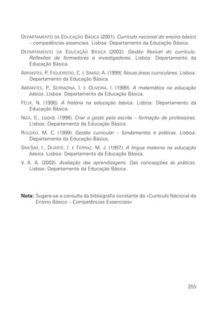 DEPARTAMENTO DA EDUCAÇÃO BÁSICA (2001). Currículo nacional do ensino básico
   – competências essenciais. Lisboa: Departamento da Educação Básica.
DEPARTAMENTO DA EDUCAÇÃO BÁSICA (2002). Gestão flexível do currículo.
   Reflexões de formadores e investigadores. Lisboa: Departamento da
   Educação Básica.
ABRANTES, P FIGUEIREDO, C. E SIMÃO, A. (1999). Novas áreas curriculares. Lisboa:
           .,
   Departamento da Educação Básica.
ABRANTES, P SERRAZINA, l. E OLIVEIRA, I. (1999). A matemática na educação
           .,
   básica. Lisboa: Departamento da Educação Básica.
FÉLIX, N. (1998). A história na educação básica. Lisboa: Departamento da
    Educação Básica.
NIZA, S., coord. (1998). Criar o gosto pela escrita – formação de professores.
    Lisboa: Departamento da Educação Básica
ROLDÃO, M. C. (1999). Gestão curricular – fundamentos e práticas. Lisboa:
   Departamento da Educação Básica.
SIM-SIM, I., DUARTE, I. E FERRAZ, M. J. (1997). A língua materna na educação
   básica. Lisboa: Departamento da Educação Básica.
V. A. A. (2002). Avaliação das aprendizagens. Das concepções às práticas.
    Lisboa: Departamento da Educação Básica.




Nota: Sugere-se a consulta da bibliografia constante do «Currículo Nacional do
      Ensino Básico – Competências Essenciais»




                                                                            255
 