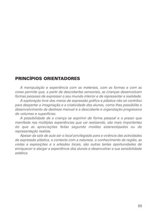 PRINCÍPIOS ORIENTADORES

    A manipulação e experiência com os materiais, com as formas e com as
cores permite que, a partir de descobertas sensoriais, as crianças desenvolvam
formas pessoais de expressar o seu mundo interior e de representar a realidade.
    A exploração livre dos meios de expressão gráfica e plástica não só contribui
para despertar a imaginação e a criatividade dos alunos, como lhes possibilita o
desenvolvimento da destreza manual e a descoberta e organização progressiva
de volumes e superfícies.
    A possibilidade de a criança se exprimir de forma pessoal e o prazer que
manifesta nas múltiplas experiências que vai realizando, são mais importantes
do que as apreciações feitas segundo moldes estereotipados ou de
representação realista.
    Apesar da sala de aula ser o local privilegiado para a vivência das actividades
de expressão plástica, o contacto com a natureza, o conhecimento da região, as
visitas a exposições e a artesãos locais, são outras tantas oportunidades de
enriquecer e alargar a experiência dos alunos e desenvolver a sua sensibilidade
estética.




                                                                                89
 