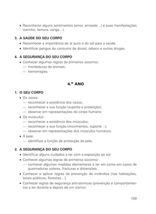 • Reconhecer alguns sentimentos (amor, amizade…) e suas manifestações
(carinho, ternura, zanga…).
3. A SAÚDE DO SEU CORPO
• Reconhecer a importância do ar puro e do sol para a saúde.
• Identificar perigos do consumo de álcool, tabaco e outras drogas.
4. A SEGURANÇA DO SEU CORPO
• Conhecer algumas regras de primeiros socorros:
• — mordeduras de animais;
• — hemorragias.
4.o ANO
1. O SEU CORPO
• Os ossos:
• — reconhecer a existência dos ossos;
• — reconhecer a sua função (suporte e protecção);
• — observar em representações do corpo humano.
• Os músculos:
• — reconhecer a existência dos músculos;
• — reconhecer a sua função (movimentos, suporte…);
• — observar em representações dos músculos humanos.
• A pele:
• — identificar a função de protecção da pele.
2. A SEGURANÇA DO SEU CORPO
• Identificar alguns cuidados a ter com a exposição ao sol.
• Conhecer algumas regras de primeiros socorros:
• — conhecer algumas medidas elementares a ter em conta em casos de
queimaduras solares, fracturas e distensões.
• Conhecer e aplicar regras de prevenção de incêndios (nas habitações,
locais públicos, florestas…).
• Conhecer regras de segurança anti-sísmicas (prevenção e comportamen-
tos a ter durante e depois de um sismo).
109
 