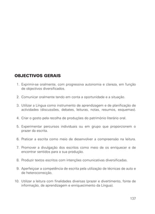 OBJECTIVOS GERAIS
1. Exprimir-se oralmente, com progressiva autonomia e clareza, em função
de objectivos diversificados.
2. Comunicar oralmente tendo em conta a oportunidade e a situação.
3. Utilizar a Língua como instrumento de aprendizagem e de planificação de
actividades (discussões, debates, leituras, notas, resumos, esquemas).
4. Criar o gosto pela recolha de produções do património literário oral.
5. Experimentar percursos individuais ou em grupo que proporcionem o
prazer da escrita.
6. Praticar a escrita como meio de desenvolver a compreensão na leitura.
7. Promover a divulgação dos escritos como meio de os enriquecer e de
encontrar sentidos para a sua produção.
8. Produzir textos escritos com intenções comunicativas diversificadas.
9. Aperfeiçoar a competência de escrita pela utilização de técnicas de auto e
de heterocorrecção.
10. Utilizar a leitura com finalidades diversas (prazer e divertimento, fonte de
informação, de aprendizagem e enriquecimento da Língua).
137
 