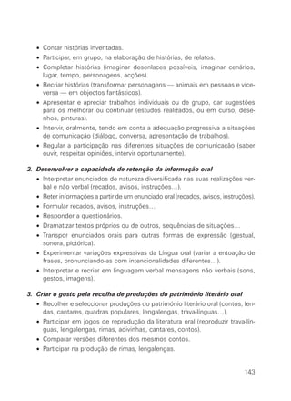 • Contar histórias inventadas.
• Participar, em grupo, na elaboração de histórias, de relatos.
• Completar histórias (imaginar desenlaces possíveis, imaginar cenários,
lugar, tempo, personagens, acções).
• Recriar histórias (transformar personagens — animais em pessoas e vice-
versa — em objectos fantásticos).
• Apresentar e apreciar trabalhos individuais ou de grupo, dar sugestões
para os melhorar ou continuar (estudos realizados, ou em curso, dese-
nhos, pinturas).
• Intervir, oralmente, tendo em conta a adequação progressiva a situações
de comunicação (diálogo, conversa, apresentação de trabalhos).
• Regular a participação nas diferentes situações de comunicação (saber
ouvir, respeitar opiniões, intervir oportunamente).
2. Desenvolver a capacidade de retenção da informação oral
• Interpretar enunciados de natureza diversificada nas suas realizações ver-
bal e não verbal (recados, avisos, instruções…).
• Reter informações a partir de um enunciado oral (recados, avisos, instruções).
• Formular recados, avisos, instruções…
• Responder a questionários.
• Dramatizar textos próprios ou de outros, sequências de situações…
• Transpor enunciados orais para outras formas de expressão (gestual,
sonora, pictórica).
• Experimentar variações expressivas da Língua oral (variar a entoação de
frases, pronunciando-as com intencionalidades diferentes…).
• Interpretar e recriar em linguagem verbal mensagens não verbais (sons,
gestos, imagens).
3. Criar o gosto pela recolha de produções do património literário oral
• Recolher e seleccionar produções do património literário oral (contos, len-
das, cantares, quadras populares, lengalengas, trava-línguas…).
• Participar em jogos de reprodução da literatura oral (reproduzir trava-lín-
guas, lengalengas, rimas, adivinhas, cantares, contos).
• Comparar versões diferentes dos mesmos contos.
• Participar na produção de rimas, lengalengas.
143
 