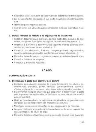 • Relacionar textos lidos com as suas vivências escolares e extra-escolares.
• Ler livros ou textos adequados à sua idade e nível de competência de lei-
tura.
• Identificar personagens e acções.
• Recriar textos em várias linguagens (recontar histórias, dramatizar histó-
rias).
3. Utilizar técnicas de recolha e de organização da informação
• Recolher documentação (gravuras, postais ilustrados, manuais de dife-
rentes disciplinas, fotocópias de páginas de enciclopédias, textos…).
• Organizar e classificar a documentação segundo critérios diversos (gran-
des temas, subtemas, ordem alfabética…).
• Construir um dicionário ilustrado (imagem/palavra), organizando-o
segundo critérios combinados (por temas, por ordem alfabética…).
• Consultar listas de palavras organizadas segundo critérios diversificados.
• Consultar ficheiros de imagens.
• Consultar o dicionário ilustrado.
2.o ANO
COMUNICAÇÃO ESCRITA
1. Desenvolver o gosto pela Escrita e pela Leitura
• Contactar com diversos registos de escrita (produções dos alunos, do-
cumentação, biblioteca, jornais, revistas, correspondência, etiquetas,
rótulos, registos de presenças, calendários, avisos, recados, notícias…).
• Experimentar múltiplas situações que despertem e desenvolvam o gosto
pela língua escrita (actividades de biblioteca da aula, da escola, munici-
pais, itinerantes).
• Ouvir ler histórias e livros de extensão e complexidade progressivamente
alargadas que correspondam aos interesses dos alunos.
• Manifestar interesse por situações ou por personagens de histórias.
• Levantar hipóteses acerca do conteúdo de livros ou de textos, a partir das
suas ilustrações, do título, da capa.
• Comparar hipóteses levantadas com o conteúdo original (que ouviu ler).
149
 
