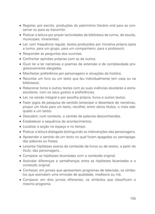 • Registar, por escrito, produções do património literário oral para as con-
servar ou para as transmitir.
• Praticar a leitura por prazer (actividades de biblioteca de turma, de escola,
municipais, itinerantes).
• Ler, com frequência regular, textos produzidos por iniciativa própria (para
a turma, para um grupo, para um companheiro, para o professor).
• Responder às perguntas dos ouvintes.
• Confrontar opiniões próprias com as de outros.
• Ouvir ler e ler narrativas e poemas de extensão e de complexidade pro-
gressivamente alargadas.
• Manifestar preferência por personagens e situações da história.
• Recontar um livro ou um texto que leu individualmente (em casa ou na
biblioteca).
• Relacionar livros e outros textos com as suas vivências escolares e extra-
escolares, com os seus gostos e preferências.
• Ler, na versão integral e por escolha própria, livros e outros textos.
• Fazer jogos de pesquisa de sentido (antecipar o desenlace de narrativas,
propor um título para um texto, recolher, entre vários títulos, o mais ade-
quado a um texto).
• Descobrir, num contexto, o sentido de palavras desconhecidas.
• Estabelecer a sequência de acontecimentos.
• Localizar a acção no espaço e no tempo.
• Praticar a leitura dialogada distinguindo as intervenções das personagens.
• Apreender o sentido de um texto no qual foram apagadas ou semiapaga-
das palavras ou frases.
• Levantar hipóteses acerca do conteúdo de livros ou de textos, a partir do
título, das personagens…
• Comparar as hipóteses levantadas com o conteúdo original.
• Assinalar diferenças e semelhanças entre as hipóteses levantadas e o
conteúdo original.
• Conhecer, em jornais que apresentam programas de televisão, os símbo-
los que assinalam uma emissão de qualidade, medíocre ou má.
• Comparar, em dois jornais diferentes, os símbolos que classificam o
mesmo programa.
155
 