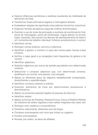 • Explorar diferenças semânticas e estéticas resultantes da mobilidade de
elementos da frase.
• Transformar frases (afirmativa-negativa e interrogativa directa).
• Estabelecer relações de significado entre palavras (sinonímia, antonímia).
• Organizar famílias de palavras (segundo critérios diversificados).
• Exercitar o uso de sinais de pontuação e auxiliares da escrita (ponto final,
ponto de interrogação, ponto de exclamação, vírgula apenas na enume-
ração, travessão, dois pontos (no decurso do aperfeiçoamento do texto e
em momentos de trabalho individual, ficheiros autocorrectivos e outros).
• Identificar nomes.
• Distinguir nomes próprios, comuns e colectivos.
• Identificar o género, o número e o grau dos nomes pelas marcas e pelo
contexto.
• Verificar a regra geral e as excepções mais frequentes do género e do
número.
• Identificar adjectivos.
• Substituir adjectivos por outros de sentido equivalente num determinado
contexto.
• Seleccionar e comparar adjectivos que, num determinado contexto,
qualifiquem um animal, uma pessoa, uma situação.
• Aplicar os diferentes graus do adjectivo estabelecendo comparações,
diversificando a superlativização.
• Identificar numerais cardinais e ordinais.
• Substituir elementos da frase por determinantes possessivos e
demonstrativos.
• Aplicar os pronomes pessoais ligados às pessoas do discurso.
• Identificar verbos.
• Aplicar as formas do Presente, Presente-Futuro, Futuro e Pretérito Perfeito
do Indicativo de verbos regulares e dos verbos irregulares (ser, estar, ter).
• Distinguir sons vocálicos e consonânticos.
• Combinar, ludicamente, diferentes sons da língua.
• Comparar onomatopeias com sons que imitam ou sugerem.
• Inventar onomatopeias.
• Nomear, por ordem, as letras do alfabeto.
159
 