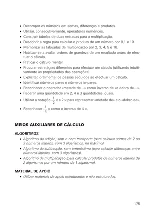 • Decompor os números em somas, diferenças e produtos.
• Utilizar, consecutivamente, operadores numéricos.
• Construir tabelas de duas entradas para a multiplicação.
• Descobrir a regra para calcular o produto de um número por 0,1 e 10.
• Memorizar as tabuadas da multiplicação por 2, 3, 4, 5 e 10.
• Habituar-se a avaliar ordens de grandeza de um resultado antes de efec-
tuar o cálculo.
• Praticar o cálculo mental.
• Procurar estratégias diferentes para efectuar um cálculo (utilizando intuiti-
vamente as propriedades das operações).
• Explicitar, oralmente, os passos seguidos ao efectuar um cálculo.
• Identificar números pares e números ímpares.
• Reconhecer o operador «metade de…» como inverso de «o dobro de…».
• Repartir uma quantidade em 2, 4 e 3 quantidades iguais.
1
• Utilizar a notação — × e 2 × para representar «metade de» e o «dobro de».
2
1
• Reconhecer — × como o inverso de 4 ×.
4
MEIOS AUXILIARES DE CÁLCULO
ALGORITMOS
• Algoritmo da adição, sem e com transporte (para calcular somas de 2 ou
3 números inteiros, com 3 algarismos, no máximo).
• Algoritmo da subtracção, sem empréstimo (para calcular diferenças entre
números inteiros, com 3 algarismos).
• Algoritmo da multiplicação (para calcular produtos de números inteiros de
2 algarismos por um número de 1 algarismo).
MATERIAL DE APOIO
• Utilizar materiais de apoio estruturados e não estruturados.
175
 