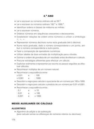 4.o ANO
• Ler e escrever os números ordinais até ao 50.o.
• Ler e escrever os números ordinais 100.o
e 1000.o
.
• Identificar ordens e classes da milésima ao milhão.
• Ler e escrever números.
• Ordenar números em sequências crescentes e decrescentes.
• Estabelecer relações de ordem entre números e utilizar a simbologia
<, >, =.
• Representar números decimais numa recta graduada (até à décima).
• Numa recta graduada, dado o número correspondente a um ponto, atri-
buir o número correspondente a outro ponto.
• Fazer a composição de operadores numéricos.
• Utilizar tabelas de duas entradas da multiplicação para a divisão.
• Estimar a ordem de grandeza de um resultado antes de efectuar o cálculo.
• Procurar estratégias diferentes para efectuar um cálculo.
• Explicitar oralmente e representar por escrito os passos seguidos ao efec-
tuar cálculos.
• Reconhecer múltiplos de um número natural.
• Reconhecer a equivalência entre:
• × 0,01 e : 100
• × 0,001 e : 1000
• Descobrir a regra para calcular o quociente de um número por 100 e 1000.
• Descobrir a regra para calcular o produto de um número por 0,01 e 0,001.
• Reconhecer a equivalência entre:
• : 0,1 e × 10
• : 0,01 e × 100
• : 0,001 e × 1000
MEIOS AUXILIARES DE CÁLCULO
ALGORITMOS
• Algoritmo da adição e da subtracção
• (para calcular somas ou diferenças de números inteiros ou decimais).
178
 