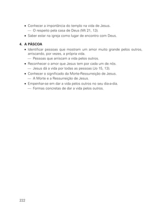 • Conhecer a importância do templo na vida de Jesus.
— O respeito pela casa de Deus (Mt 21, 13).
• Saber estar na igreja como lugar de encontro com Deus.
4. A PÁSCOA
• Identificar pessoas que mostram um amor muito grande pelos outros,
arriscando, por vezes, a própria vida.
— Pessoas que arriscam a vida pelos outros.
• Reconhecer o amor que Jesus tem por cada um de nós.
— Jesus dá a vida por todas as pessoas (Jo 15, 13).
• Conhecer o significado da Morte-Ressurreição de Jesus.
— A Morte e a Ressurreição de Jesus.
• Empenhar-se em dar a vida pelos outros no seu dia-a-dia.
— Formas concretas de dar a vida pelos outros.
222
 