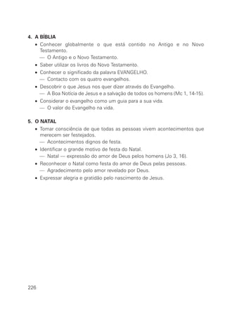 4. A BÍBLIA
• Conhecer globalmente o que está contido no Antigo e no Novo
Testamento.
— O Antigo e o Novo Testamento.
• Saber utilizar os livros do Novo Testamento.
• Conhecer o significado da palavra EVANGELHO.
— Contacto com os quatro evangelhos.
• Descobrir o que Jesus nos quer dizer através do Evangelho.
— A Boa Notícia de Jesus e a salvação de todos os homens (Mc 1, 14-15).
• Considerar o evangelho como um guia para a sua vida.
— O valor do Evangelho na vida.
5. O NATAL
• Tomar consciência de que todas as pessoas vivem acontecimentos que
merecem ser festejados.
— Acontecimentos dignos de festa.
• Identificar o grande motivo de festa do Natal.
— Natal — expressão do amor de Deus pelos homens (Jo 3, 16).
• Reconhecer o Natal como festa do amor de Deus pelas pessoas.
— Agradecimento pelo amor revelado por Deus.
• Expressar alegria e gratidão pelo nascimento de Jesus.
226
 