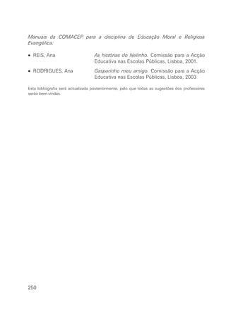 Manuais da COMACEP para a disciplina de Educação Moral e Religiosa
Evangélica:
• REIS, Ana As histórias do Nelinho. Comissão para a Acção
Educativa nas Escolas Públicas, Lisboa, 2001.
• RODRIGUES, Ana Gasparinho meu amigo. Comissão para a Acção
Educativa nas Escolas Públicas, Lisboa, 2003
Esta bibliografia será actualizada posteriormente, pelo que todas as sugestões dos professores
serão bem-vindas.
250
 