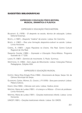 SUGESTÕES BIBLIOGRÁFICAS
EXPRESSÃO E EDUCAÇÃO FÍSICO-MOTORA,
MUSICAL, DRAMÁTICA E PLÁSTICA
EXPRESSÃO E EDUCAÇÃO FÍSICO-MOTORA
BELBENOIT, G. (1976) – O desporto na escola, técnica de educação. Lisboa:
Editorial Estampa.
BENTO, J. (1987) – Desporto “matéria” de ensino. Lisboa: Ed. Caminho.
BENTO, J. (1987) – Para uma formação desportivo-cultural na escola. Lisboa:
Livros Horizonte.
CABRAL, A. (1987) – Jogos Populares no Ensino. Vila Real. Centro Cultural
Regional de Vila Real.
Desporto Escolar (1995) – Expressão e Educação Físico-Motora. Programa
ilustrado do 1.o CEB.
LABAN, R. (1987) – Domínio do movimento. S. Paulo: Summus.
WIERTSEMA, H. (1993) – Cem Jogos de Movimento. Lisboa: Colecções Práticas
Pedagógicas, Edições ASA.
EXPRESSÃO E EDUCAÇÃO MUSICAL
CORTEZ, Maria Ritta Ortigão Pinto (1994) – Cancioneiro de Serpa. Serpa: Ed. da
Câmara Municipal de Serpa.
GUERREIRO, Carlos; MORAIS, D.; CAIADO, J. P. (1978) – Sons para construir. Lisboa:
Plátano Editora.
KANER, Etta (1993) – Ciências com sons. Lisboa: Godiva Júnior.
MARTINS, Maria de Lurdes (1991) – A criança e a Música – O livro do professor.
Livros Horizonte.
MARTINS, Maria de Lurdes (1991) – Canções tradicionais infantis. Lisboa: Livros
Horizonte.
UNICEF (1991) – Canções tradicionais infantis. Lisboa: Ed. OIKOS.
251
 