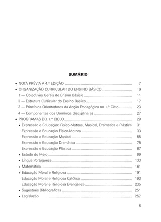 SUMÁRIO
• NOTA PRÉVIA À 4.ª EDIÇÃO .................................................................... 7
• ORGANIZAÇÃO CURRICULAR DO ENSINO BÁSICO............................... 9
1 — Objectivos Gerais do Ensino Básico ................................................. 11
2 — Estrutura Curricular do Ensino Básico............................................... 17
3 — Princípios Orientadores da Acção Pedagógica no 1.º Ciclo ............. 23
4 — Componentes dos Domínios Disciplinares....................................... 27
• PROGRAMAS DO 1.º CICLO..................................................................... 29
• Expressão e Educação: Físico-Motora, Musical, Dramática e Plástica 31
Expressão e Educação Físico-Motora ................................................... 33
Expressão e Educação Musical ............................................................. 65
Expressão e Educação Dramática ......................................................... 75
Expressão e Educação Plástica ............................................................. 87
• Estudo do Meio...................................................................................... 99
• Língua Portuguesa ................................................................................. 133
• Matemática ............................................................................................ 161
• Educação Moral e Religiosa .................................................................. 191
Educação Moral e Religiosa Católica .................................................... 193
Educação Moral e Religiosa Evangélica................................................ 235
• Sugestões Bibliográficas ....................................................................... 251
• Legislação .............................................................................................. 257
5
 