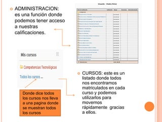    ADMINISTRACION:
    es una función donde
    podemos tener acceso
    a nuestras
    calificaciones.




                                 CURSOS: este es un
                                  listado donde todos
                                  nos encontramos
                                  matriculados en cada
       Donde dice todos           curso y podemos
       los cursos nos lleva       utilizarlos para
       a una pagina donde         movernos
       se muestran todos          rápidamente gracias
       los cursos                 a ellos.
 