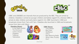 CBBC and CBEEBIES are channels that are produced by the BBC. They are aimed at
children, Cbeebies is aimed at younger children and babies (aged 0-5), whereas CBBC is
aimed at older children and early teens (aged 6-13). CBBC launched in 1960 and
broadcasts shows from 7am until 7pm. Cbeebies also launched in 1960 and broadcasts
shows from 4am until 10pm.
Emma Fraser
Cbeebies Shows:
- In the Night Garden
- The Octonauts
- Justin's House
- Gigglebiz
- Tweenies
- Teletubbies
CBBC Shows:
- Tracy Beaker
- Blue Peter
- Wolfblood
- Arthur
- Bear Behaving Badly
- What’s New, Scooby
Doo?
 