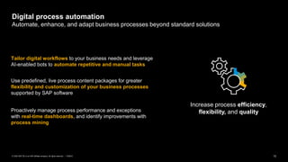 13PUBLIC© 2020 SAP SE or an SAP affiliate company. All rights reserved. ǀ
Increase process efficiency,
flexibility, and quality
Tailor digital workflows to your business needs and leverage
AI-enabled bots to automate repetitive and manual tasks
Use predefined, live process content packages for greater
flexibility and customization of your business processes
supported by SAP software
Proactively manage process performance and exceptions
with real-time dashboards, and identify improvements with
process mining
Digital process automation
Automate, enhance, and adapt business processes beyond standard solutions
 