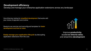 16PUBLIC© 2020 SAP SE or an SAP affiliate company. All rights reserved. ǀ
Improve productivity,
accelerate time-to-value,
and streamline development
Out-of-the-box tooling for simplified development that works with
your choice of approach and runtime
Ready-to-use services and preconfigured templates for faster
development and time to value
Easily manage your application lifecycle by decoupling
application extensions from the core
Development efficiency
Develop and manage your enterprise application extensions across any landscape
 