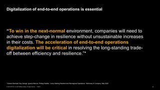 2PUBLIC© 2020 SAP SE or an SAP affiliate company. All rights reserved. ǀ
“To win in the next-normal environment, companies will need to
achieve step-change in resilience without unsustainable increases
in their costs. The acceleration of end-to-end operations
digitalization will be critical in resolving the long-standing trade-
off between efficiency and resilience.”*
Digitalization of end-to-end operations is essential
* Edward Barriball, Kay George, Ignacio Marcos, Phillipp Radtke, “Jump-Starting Resilient and Reimagined Operations,” McKinsey & Company, May 2020
 