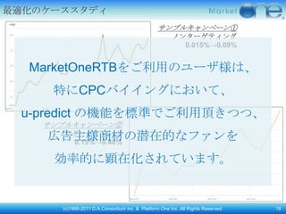 最適化のケーススタディ
                                                 サンプルキャンペーン①
                                                       ノンターゲティング
                                                         0.015%→0.09%


  MarketOneRTBをご利用のユーザ様は、
     特にCPCバイイングにおいて、
 u-predict の機能を標準でご利用頂きつつ、
    サンプルキャンペーン②
    広告主様商材の潜在的なファンを
     リターゲティング
      0.15%→0.40%

     効率的に顕在化されています。


      (c)1996-2011 D.A.Consortium inc. & Platform One Inc. All Rights Reserved.   19
 