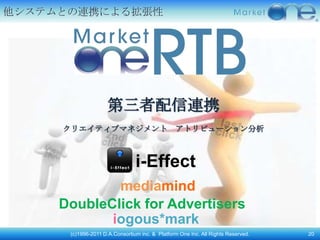 他システムとの連携による拡張性




                    第三者配信連携
     クリエイティブマネジメント                              アトリビューション分析



                                i-Effect
             mediamind
     DoubleClick for Advertisers
            iogous*mark
      (c)1996-2011 D.A.Consortium inc. & Platform One Inc. All Rights Reserved.   20
 