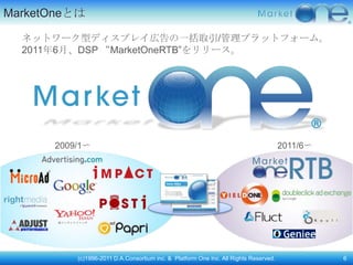 MarketOneとは

  ネットワーク型ディスプレイ広告の一括取引/管理プラットフォーム。
  2011年6月、DSP “MarketOneRTB”をリリース。




      2009/1〜                                                                            2011/6〜




       ※インタレストマッチ




             (c)1996-2011 D.A.Consortium inc. & Platform One Inc. All Rights Reserved.             6
 