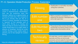 P1- E- Operation Model-Production Process- Eastenders
EastEnders is filmed at BBC Elstree
Centre in Borehamwood, Hertfordshire.
Each day the production team film
between, adding up to approximately 13
minutes of screen time. This compares to
five or six minutes shot per day on a
normal TV drama. Episodes are produced
in "quartets" of four episodes, each of
which starts filming on a Tuesday and
takes nine days to record. he episodes are
usually filmed about six to eight weeks in
advance of broadcast. During the winter
months, filming is done twelve weeks in
advance, due to less daylight for outdoor
filming.
• EastEnders is normally recorded
using four cameras.
Filming
• When a quartet is completed, it is
edited by the director, videotape editor
and script supervisor.
Edit number
one
• The producer then reviews the edits
and decides if anything needs to be re-
edited, which the director will do
Edit Number
two
•A week later, sound is added to the
episodes and they are technically
reviewed, and are ready for transmission
if they are deemed of acceptable quality.
Technically
reviewhttps://en.wikipedia.org/wiki/EastEnders
 