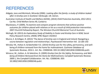 REFERENCES
Aldgate, Jane and McIntosh, Miranda (2006). Looking after the family: a study of children looked
after in kinship care in Scotland. Edinburgh, UK: Astron.
Australian Institute of Health and Welfare (AIHW), (2014) Child Protection Australia, 2012-2013,
Cat No. Child Welfare Series 49, Canberra
Mackiewicz, P. (2009), To examine and compare program elements that achieve positive
outcomes for children placed with relatives or kin as a result of child protection intervention,
2007 Churchill Fellowship Report, The Winston Churchill Memorial Trust of Australia
McHugh, M. (2013) An Exploratory Study of Stability in Foster and Kinship Care in NSW, Social
Policy Research Centre, UNSW, SPRC Report 19/2013
Munro, E. & Gilligan, R. (2013) ‘The dance of kinship care in England and Ireland: Navigating a
course between regulation and relationships’, Psychosocial Intervention Vol. 22:185-192
Winokur M., Holtan A. & Batchelder K.E. (2014) Kinship care for the safety, permanency, and well-
being of children removed from the home for maltreatment. Cochrane Database of
Systematic Reviews, 2014:1. Art. No.: CD006546. DOI:10.1002/14651858.CD006546.pub3.
Winocur, M., Holton, A. & Valentine, D. (2009) Kinship Care for the Safety, Permanency, and Well-
being of Children Removed from the Home for Maltreatment, Campbell Systematic Reviews
2009:1, the Campbell Collaboration. Art. No.: CD006546. DOI:
10.1002/14651858.CD006546.pub2.
 