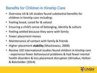 Benefits for Children in Kinship Care
• Overview US & UK studies found substantial benefits for
children in kinship care including:
• Feeling loved, cared for & valued
• Ensuring a child’s sense of belonging, identity & culture
• Feeling settled because they were with family
• Fewer placement moves
• Maintenance of contact with family & friends
• Higher placement stability (Mackiewicz, 2009)
• Review 102 international studies found children in kinship care
- experience fewer behavioural problems & had fewer mental
health disorders & less placement disruption (Winokur, Holtan
& Batchelder (2014)
 