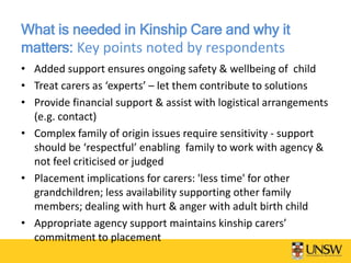 What is needed in Kinship Care and why it
matters: Key points noted by respondents
• Added support ensures ongoing safety & wellbeing of child
• Treat carers as ‘experts’ – let them contribute to solutions
• Provide financial support & assist with logistical arrangements
(e.g. contact)
• Complex family of origin issues require sensitivity - support
should be ‘respectful’ enabling family to work with agency &
not feel criticised or judged
• Placement implications for carers: 'less time' for other
grandchildren; less availability supporting other family
members; dealing with hurt & anger with adult birth child
• Appropriate agency support maintains kinship carers’
commitment to placement
 