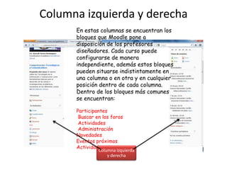 Columna izquierda y derecha
      En estas columnas se encuentran los
      bloques que Moodle pone a
      disposición de los profesores
      diseñadores. Cada curso puede
      configurarse de manera
      independiente, además estos bloques
      pueden situarse indistintamente en
      una columna o en otra y en cualquier
      posición dentro de cada columna.
      Dentro de los bloques más comunes
      se encuentran:

      Participantes
       Buscar en los foros
       Actividades
       Administración
      Novedades
      Eventos próximos
      Actividad reciente
               Columna izquierda
                   y derecha
 