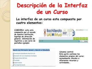 Descripción de la Interfaz
         de un Curso
  La interfaz de un curso esta compuesta por
  cuatro elementos:

CABECERA: este esta
compuesto por el escudo
de nuestra institución,
logotipo de dirección
general, información de
registros y una serie de
pestañas ejemplo:



                             Columna central:
                             Esta parte contiene los
                             elementos propios del curso:
                             normalmente vínculos a
                             diferentes recursos y
                             actividades.
 