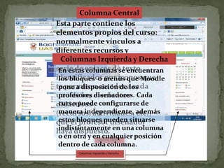 Columna CentralEsta parte contiene los elementos propios del curso: normalmente vínculos a diferentes recursos y actividades. Aparecen una serie de enlaces de texto identificados por iconos que te permiten acceder a cada uno de los elementos didácticos (recursos, actividades, etc.) que el profesor diseñador haya dispuesto.Columnas Izquierda y DerechaEn estas columnas se encuentran los bloques  o menús que Moodle pone a disposición de los profesores diseñadores. Cada curso puede configurarse de manera independiente, además estos bloques pueden situarse indistintamente en una columna o en otra y en cualquier posición dentro de cada columna.