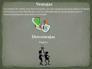 VentajasUn entorno de trabajo muy bien razonado, con una organización para realizar el trabajo de los alumnos bien distribuida y con las redundancias de acceso propias para el usuario principiante como para el avanzado DesventajasNinguna