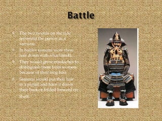The two swords on the side represent the person as a samurai. In battles samurai wore there hair down with a hachimski. They would grow mustaches to distinguish them from women because of their long hair. Samurai would put their hair in a pigtail and have it down their back or folded forward on itself . 