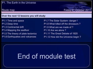 P1.4 Mapping the seafloor P1.6 Earthquakes and volcanoes P1.10 Are we alone ? P1.11 The Great Debate of 1920 P1.12 How did the Universe begin ? P1. The Earth in the Universe Route map Over the next 12 lessons you will study : Friday 21 October 2011 P1.1 Time and space P1.2 Deep time P1.3 Continental drift P1.5 The theory of plate tectonics End of module test P1.9 What are we made of ? P1.7 The Solar System- danger ! P1.8 What killed off the dinosaurs ? 