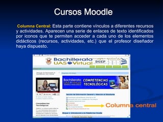 Columna Central:  Esta parte contiene vínculos a diferentes recursos y actividades. Aparecen una serie de enlaces de texto identificados por iconos que te permiten acceder a cada uno de los elementos didácticos (recursos, actividades, etc.) que el profesor diseñador haya dispuesto. Cursos Moodle Columna central 