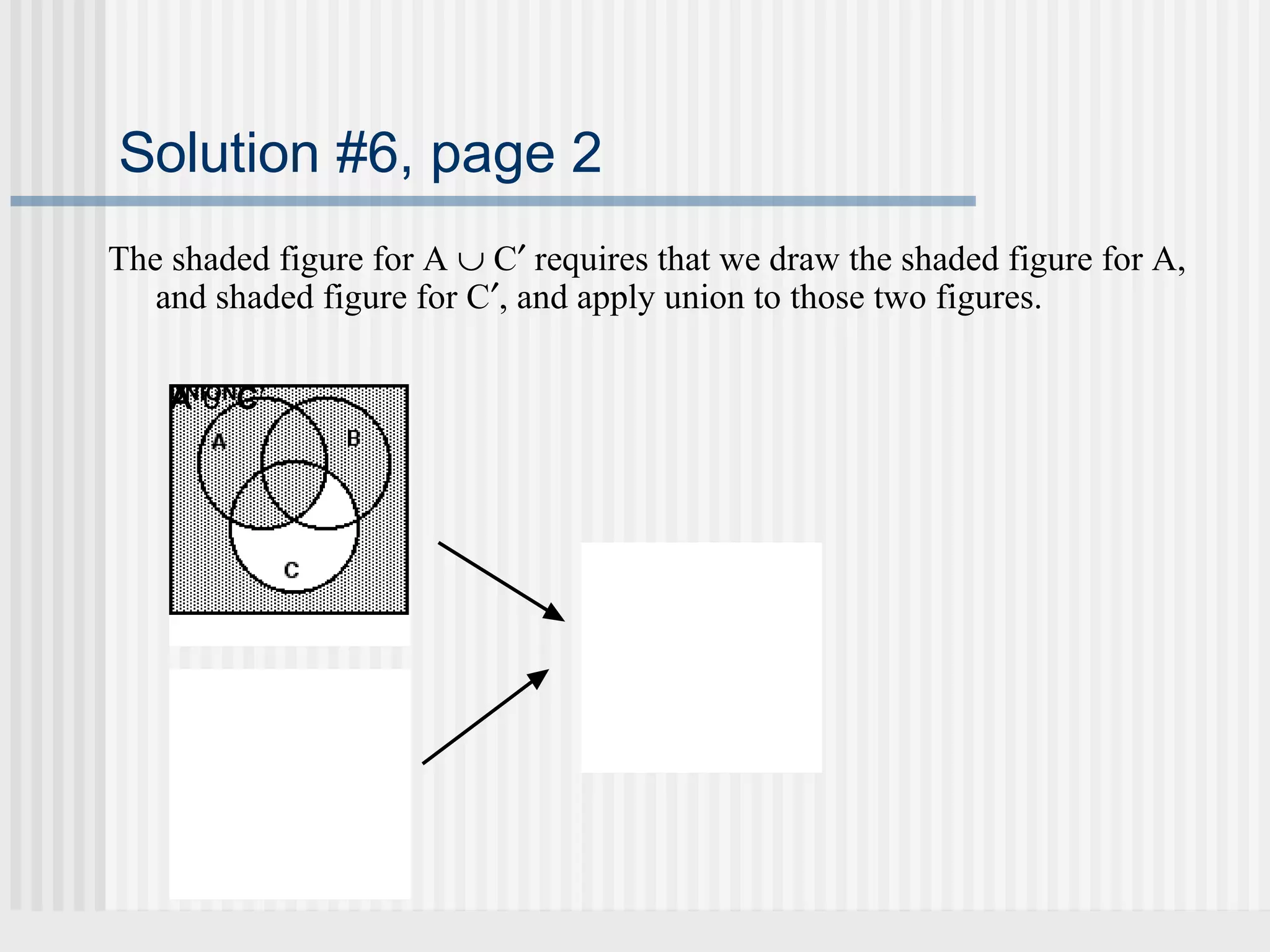 Solution #6, page 2 
The shaded figure for A È C¢ requires that we draw the shaded figure for A, 
and shaded figure for C¢, and apply union to those two figures. 
UACN ¢I∪ON C′ 
 