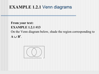 EXAMPLE 1.2.1 Venn diagrams 
From your text: 
EXAMPLE 1.2.1 #13 
On the Venn diagram below, shade the region corresponding to 
A È B¢. 
A B 
U 
 