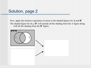 Solution, page 2 
Now, apply the inclusive operation of union to the shaded figures for A and B¢ 
The shaded figure for A È B¢ will include all the shading from the A figure along 
with all the shading from the B¢ figure. 
UABN¢ I∪ON B′ 
 