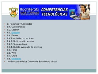 9.-Recursos y Actividades 9.1.-Cuestionarios 9.2.-Lección 9.3.-Glosario9.4.-Tareas 9.4.1.-Actividad no en línea 9.4.2.-Subir un sólo archivo 9.4.3.-Texto en línea 9.4.4.-Subida avanzada de archivos 9.5.-Foros 9.6.-Wiki 9.7.-Chats 9.8.-Mensajes10.-Estructura de los Cursos del Bachillerato Virtual 