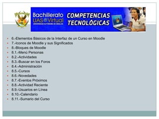 6.-Elementos Básicos de la Interfaz de un Curso en Moodle7.-Iconos de Moodle y sus Significados 8.-Bloques de Moodle8.1.-Menú Personas 8.2.-Actividades 8.3.-Buscar en los Foros 8.4.-Administración 8.5.-Cursos 8.6.-Novedades 8.7.-Eventos Próximos 8.8.-Actividad Reciente 8.9.-Usuarios en Línea 8.10.-Calendario 8.11.-Sumario del Curso 