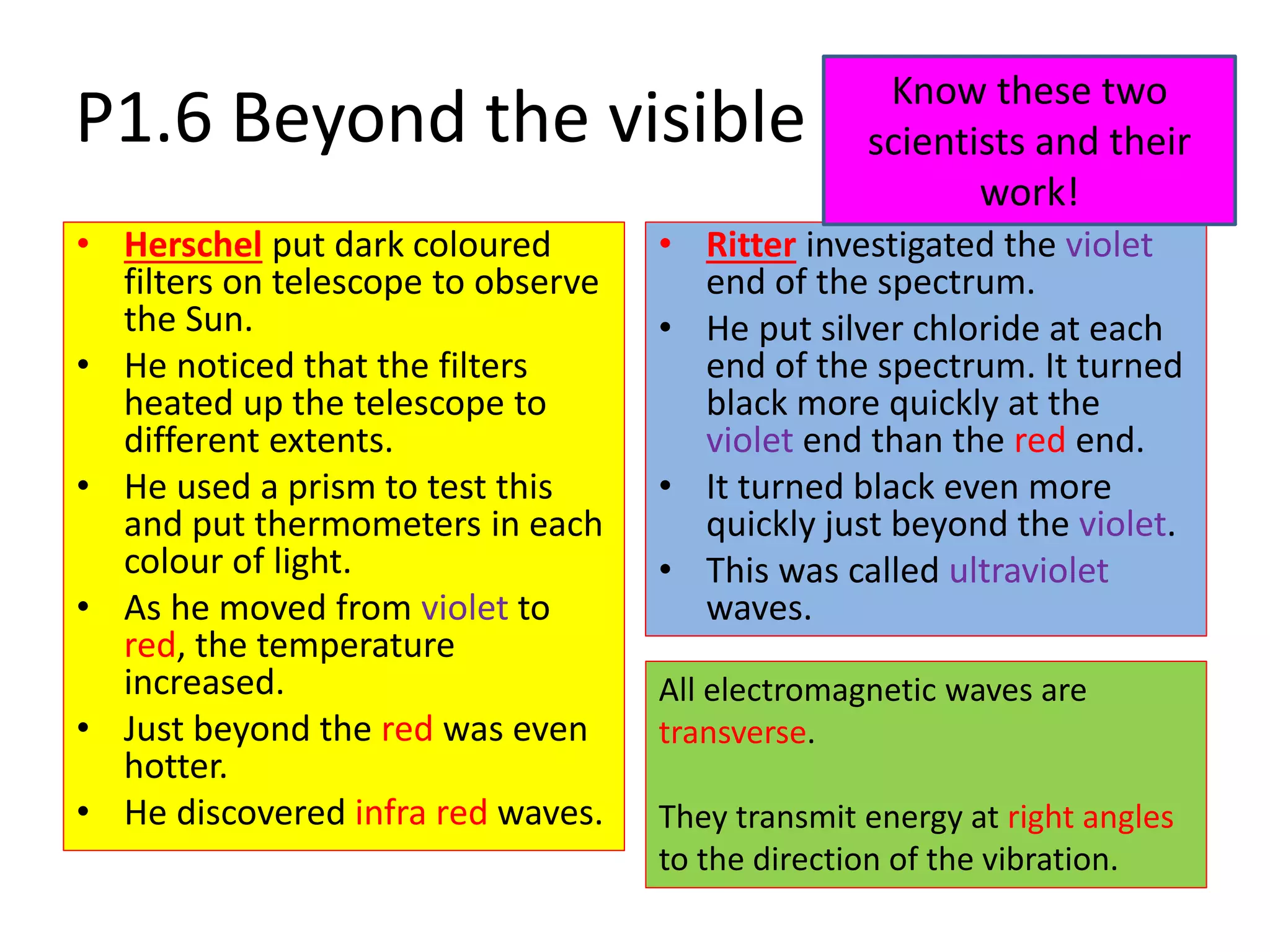 P1.6 Beyond the visible
• Herschel put dark coloured
filters on telescope to observe
the Sun.
• He noticed that the filters
heated up the telescope to
different extents.
• He used a prism to test this
and put thermometers in each
colour of light.
• As he moved from violet to
red, the temperature
increased.
• Just beyond the red was even
hotter.
• He discovered infra red waves.
• Ritter investigated the violet
end of the spectrum.
• He put silver chloride at each
end of the spectrum. It turned
black more quickly at the
violet end than the red end.
• It turned black even more
quickly just beyond the violet.
• This was called ultraviolet
waves.
All electromagnetic waves are
transverse.
They transmit energy at right angles
to the direction of the vibration.
Know these two
scientists and their
work!
 